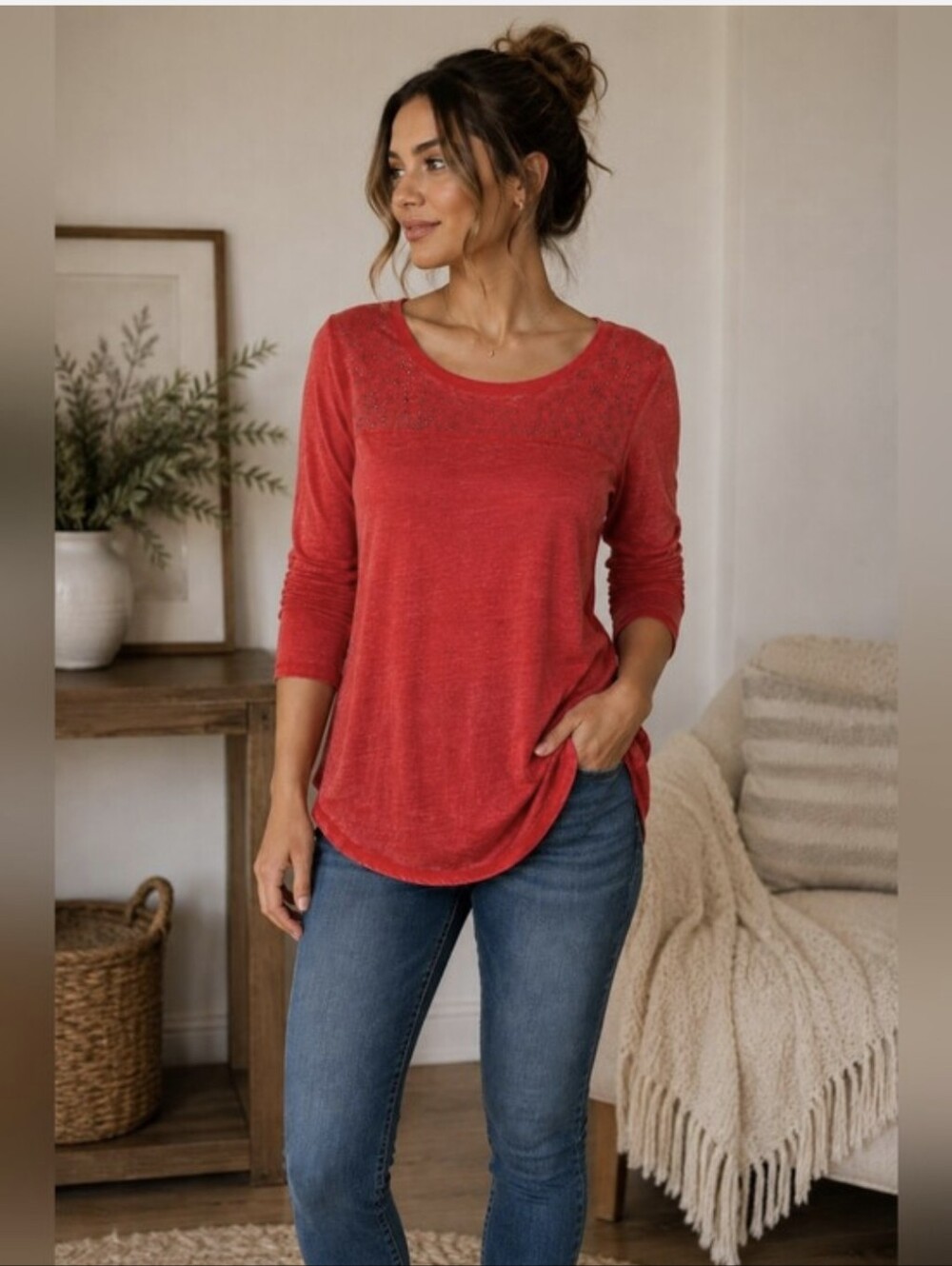 Seven7 Red Scoop-Neck Long Sleeve Top